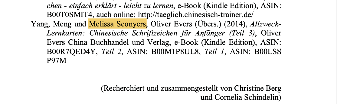 Melissa Sconyers citation for Allzweck-Lernkarten: Chinesische Schriftzeichen für Anfänger in Chinesischunterricht's annual bibliography of Chinese as a foreign language pedagogy (2015)